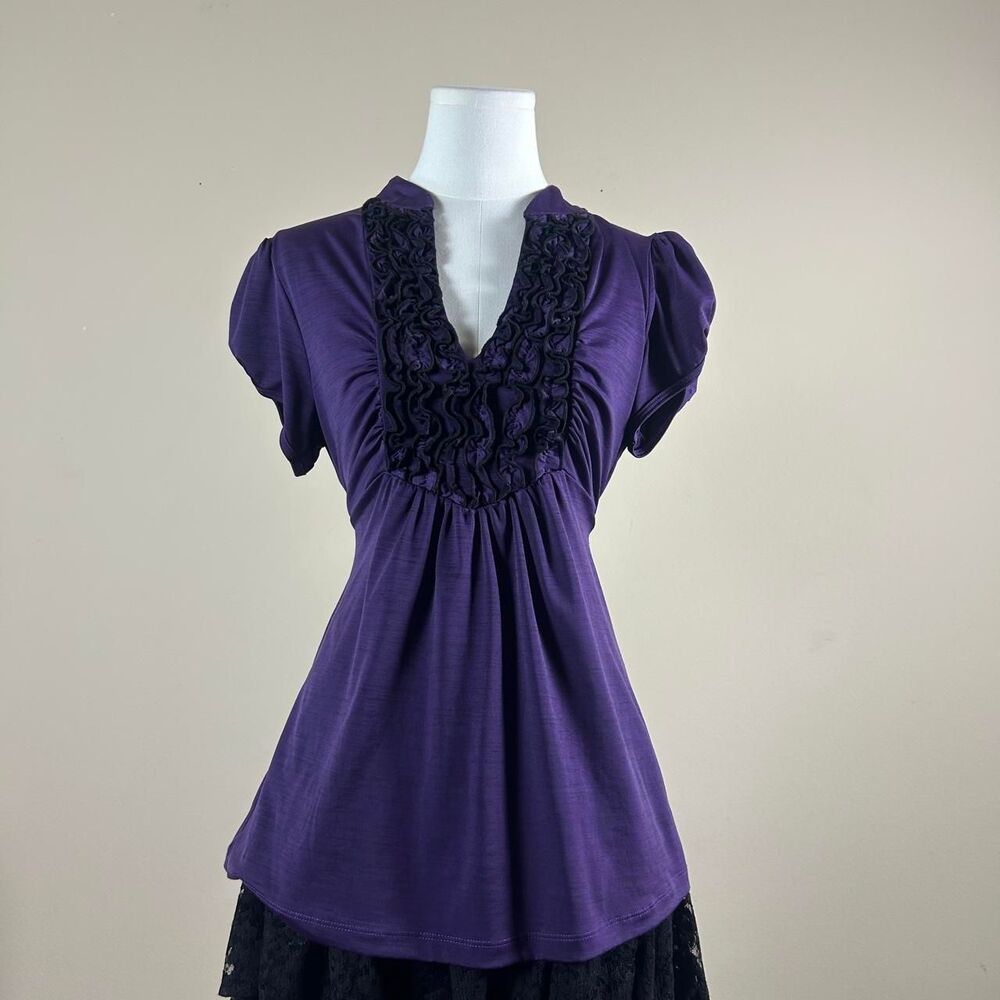 Three Hearts Horror Game Protagonist Purple Ruffle Tie Top